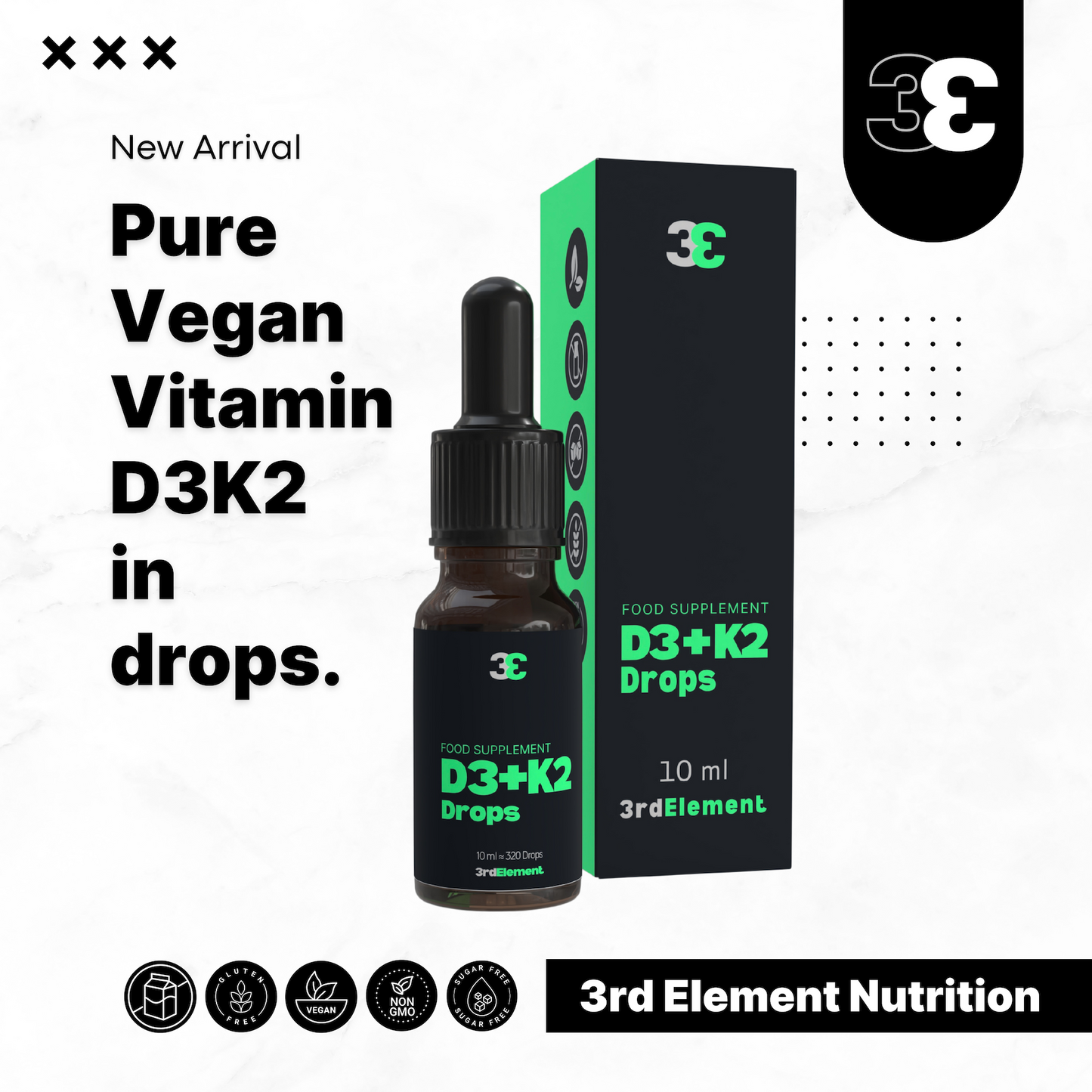 New arrival – Vitamin D3 + K2 drops by 3rd Element Nutrition, vegan formula for heart, bones and immunity, 10 ml bottle with dropper.