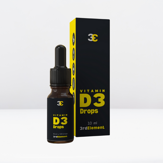 Bottle and box (front view)
Alt text: Vitamin D3 drops bottle and box – plant-based supplement for immunity, bones and muscles, 10 ml package.