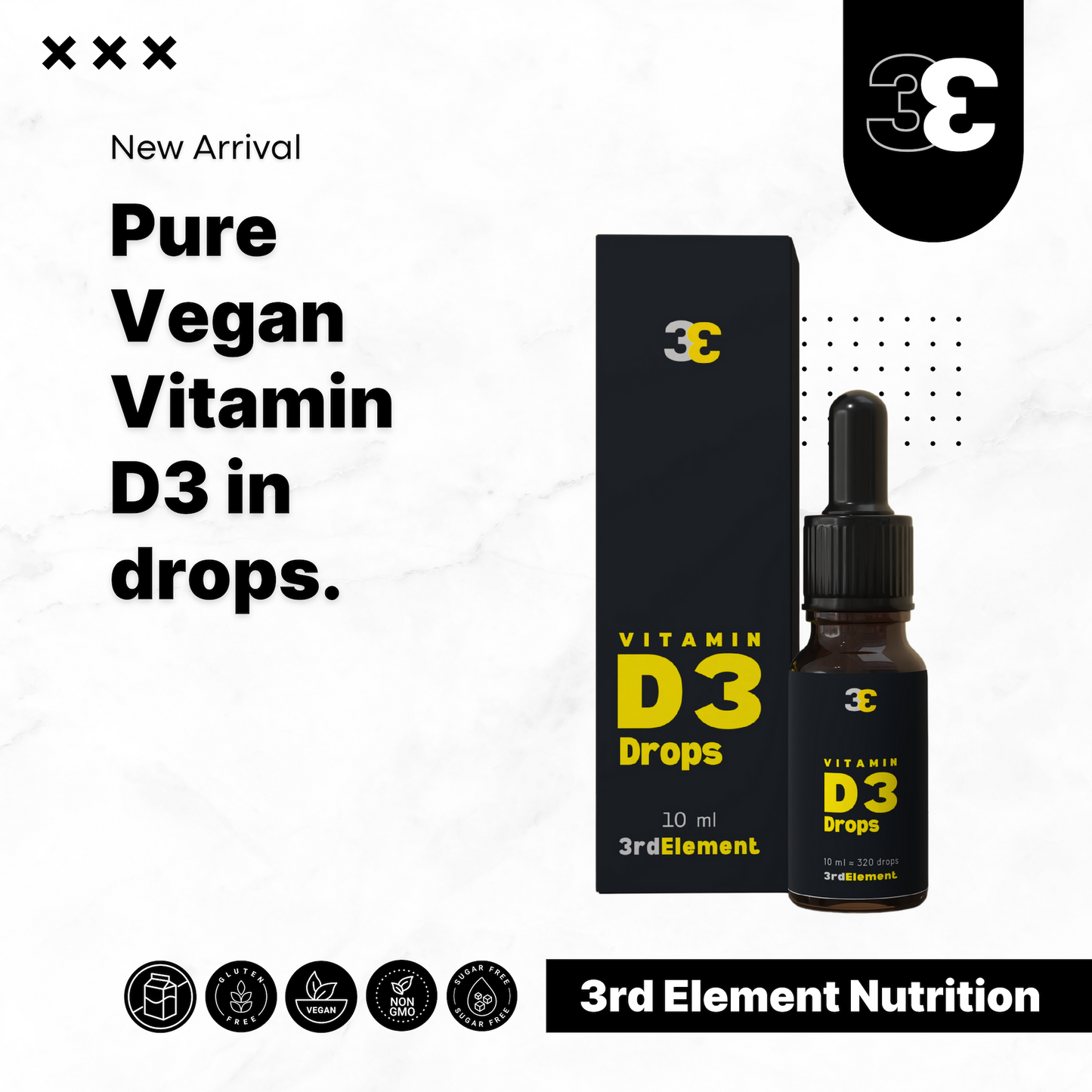 New arrival – Vitamin D3 drops by 3rd Element Nutrition, 10 ml vegan formula for strong bones and immunity.