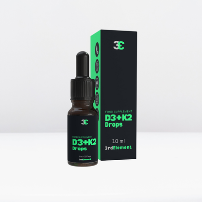 Vitamin D3 + K2 drops – vegan supplement in 10 ml dropper bottle and box, 3rd Element Nutrition packaging.