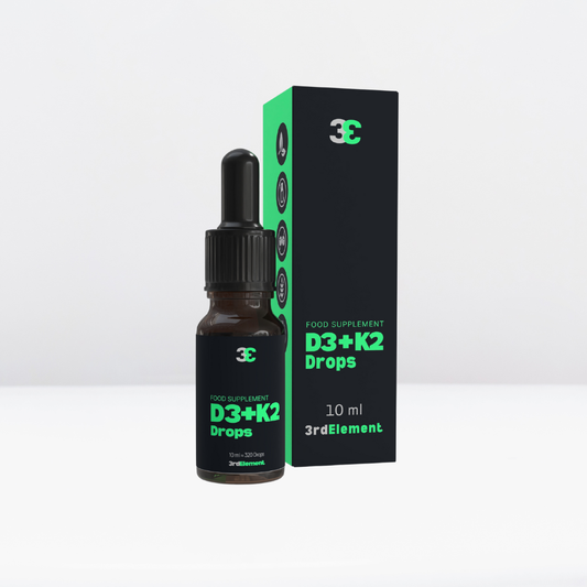 Vitamin D3 + K2 drops – vegan supplement in 10 ml dropper bottle and box, 3rd Element Nutrition packaging.