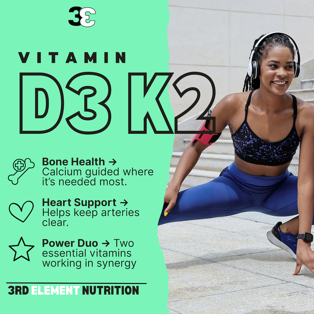 Active person exercising – daily Vitamin D3 + K2 support for strong bones, muscles and energy, 3rd Element Nutrition supplement.