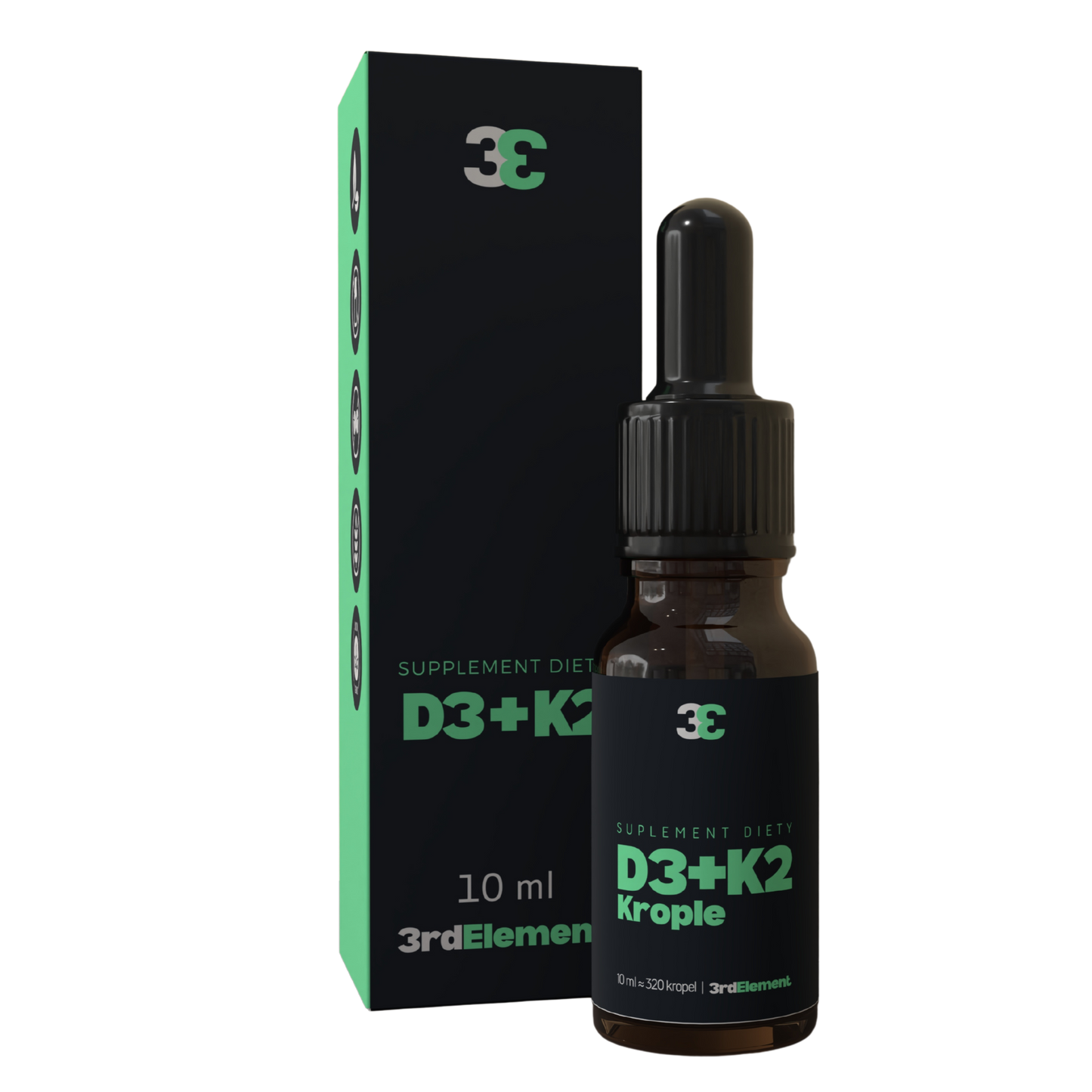 Bottle and box of D3+K2 Krople with 3rd Element branding on a white background