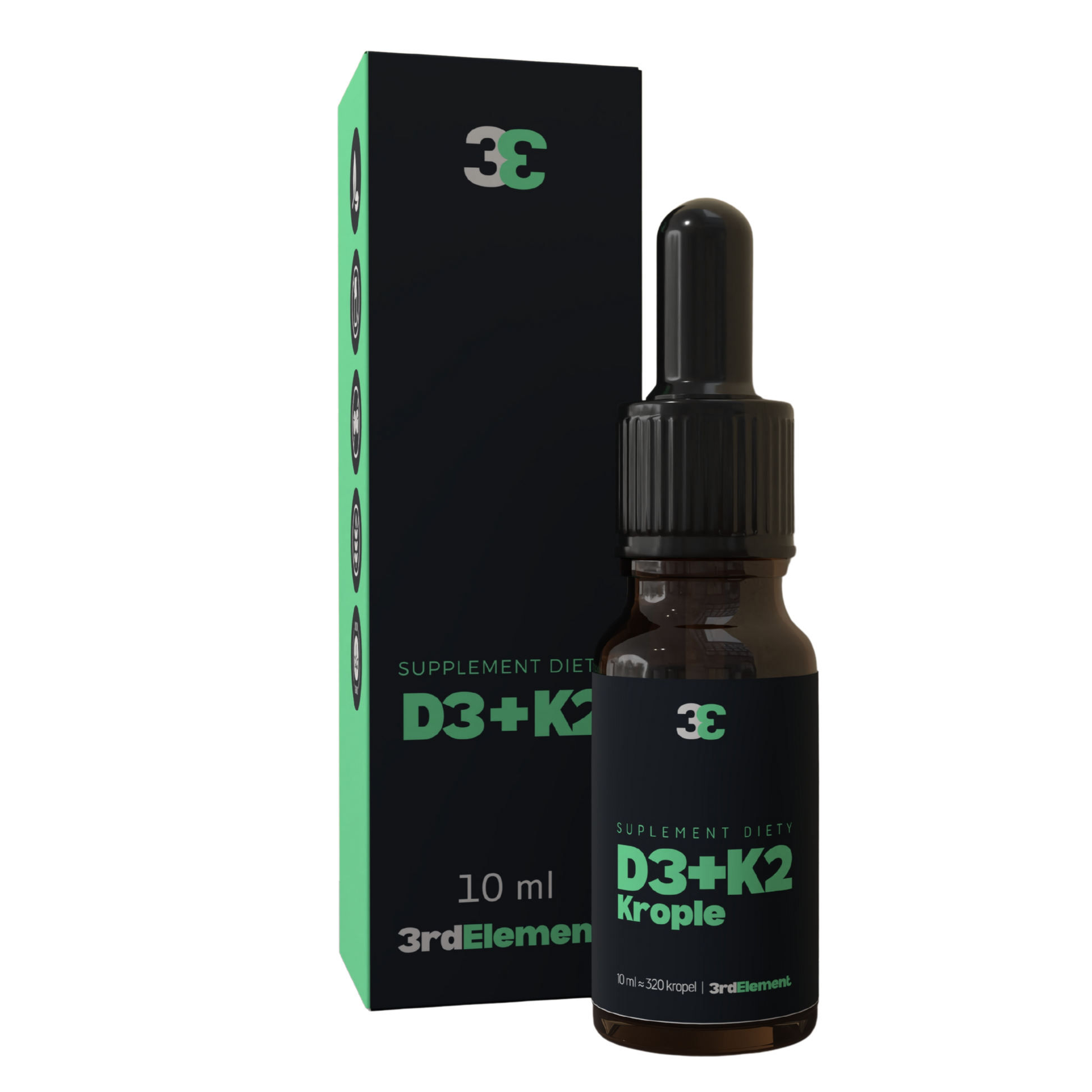 Bottle and box of D3+K2 Krople with 3rd Element branding on a white background