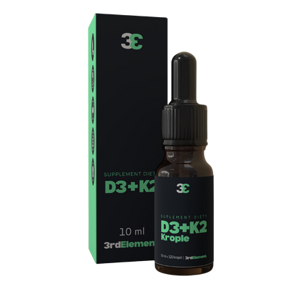 Bottle and box of D3+K2 Krople with 3rd Element branding on a white background