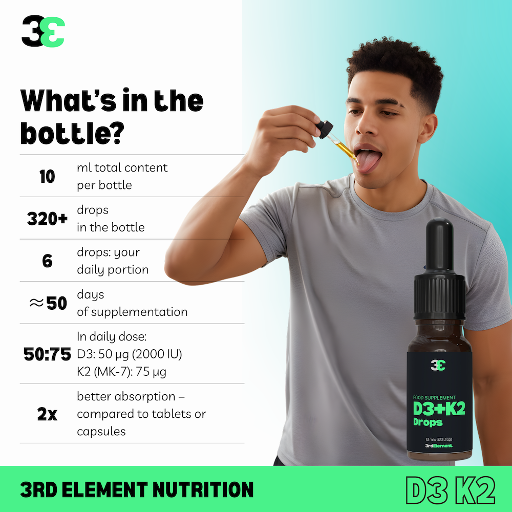 Young man taking 3rd Element Nutrition Vitamin D3 + K2 drops directly on his tongue from a 10 ml amber glass bottle. High-absorption liquid vitamin supplement supporting immune system, bone strength, and overall health.