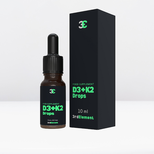 Vitamin D3 + K2 drops by 3rd Element Nutrition – plant-based supplement for bones, heart and immunity, 10 ml bottle and box.