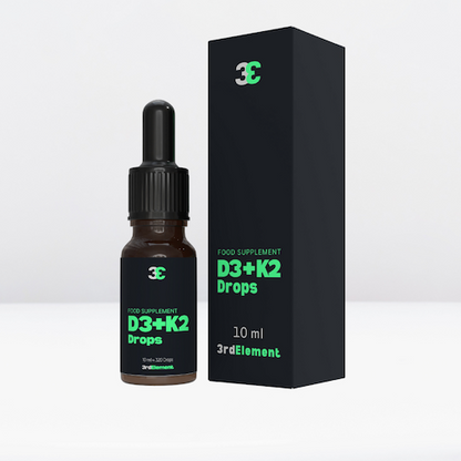Vitamin D3 + K2 drops by 3rd Element Nutrition – plant-based supplement for bones, heart and immunity, 10 ml bottle and box.
