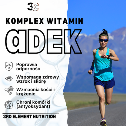 Kobieta w sportowym stroju – szortach i koszulce – biegnie w naturze, symbolizując energię i zdrowie. Suplement diety 3rd Element Nutrition A + D + E + K w kroplach, 10 ml. Wegańska formuła wspierająca odporność, wzrok, kości i skórę.