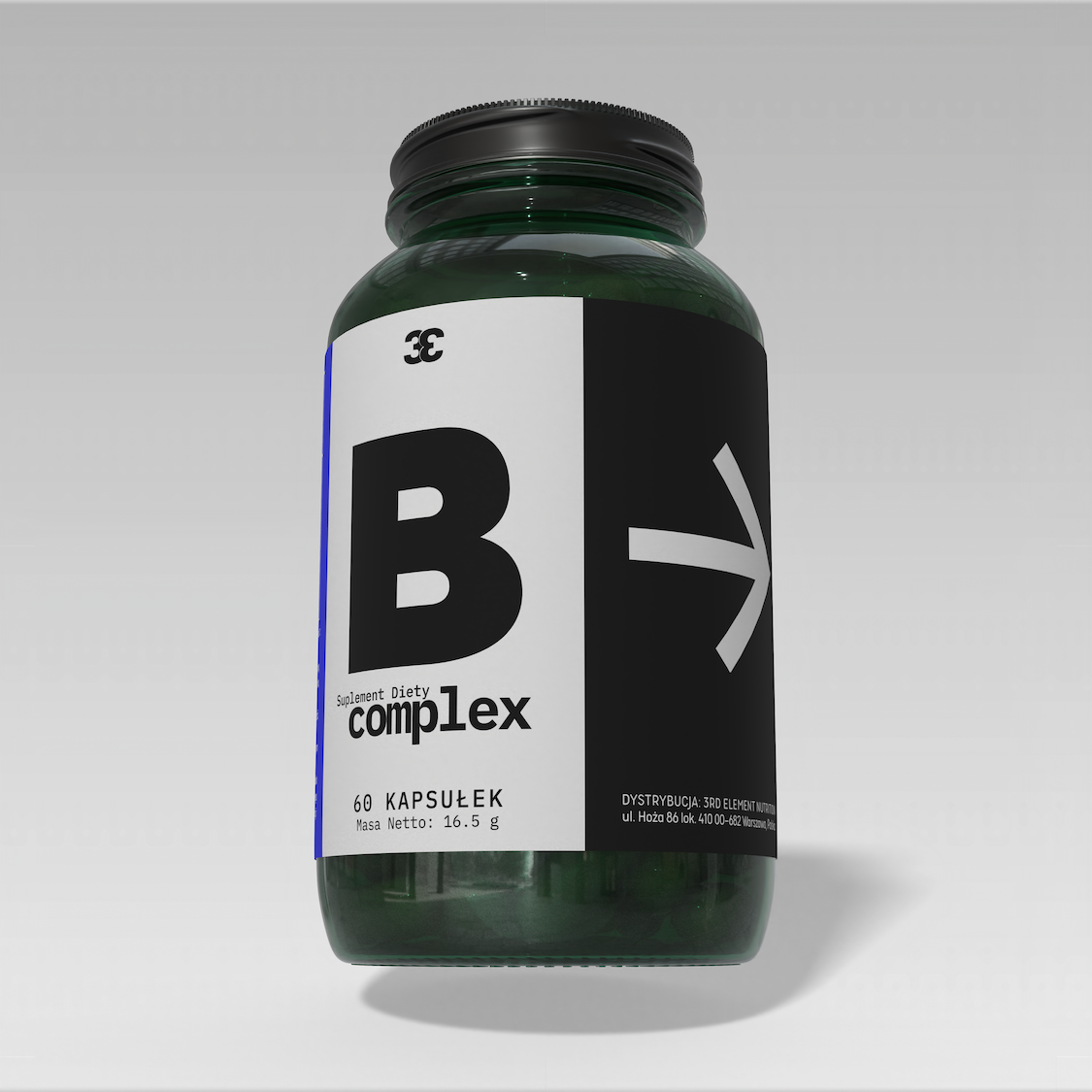 B complex supplement bottle with label on a white background