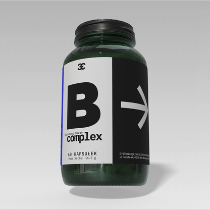 B complex supplement bottle with label on a white background