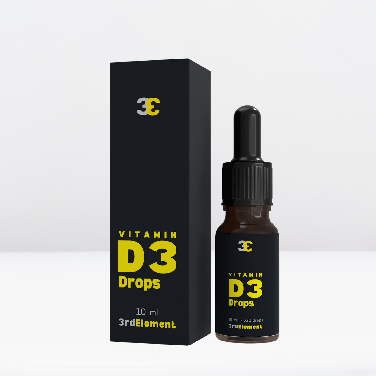 Bottle and box (angled or flat lay)
Alt text: 3rd Element Nutrition Vitamin D3 drops – vegan formula in bottle and box, 320 drops for daily immune support.