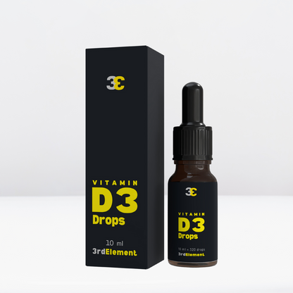 Bottle and box (angled or flat lay)
Alt text: 3rd Element Nutrition Vitamin D3 drops – vegan formula in bottle and box, 320 drops for daily immune support.