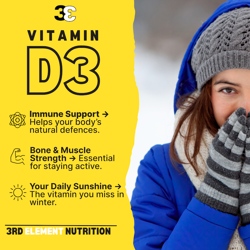 Person in winter clothing – daily Vitamin D3 support for immunity and energy during low sunlight months.